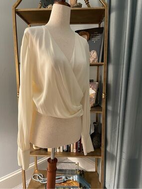Theory Silk Ivory Draped Blouse Faux Wrap Office Wedding Guest Long Sleeve XS 00